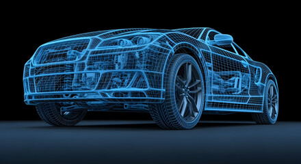 Blue Wireframe Sports Car Concept Low Angle on Dark Background Shows Modern Vehicle Design
