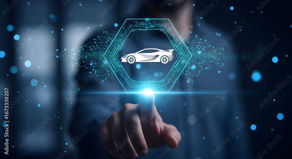 Poster blurry man points to illuminated pixelated racing car inside hexagon with dark backdrop in a futuris