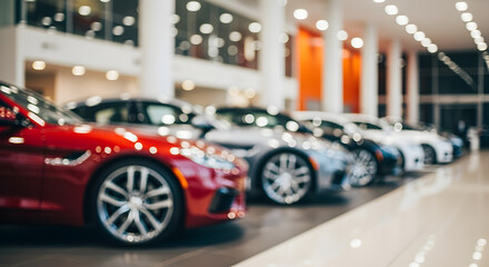 Blurred Rows of Cars in Bright Indoor Showroom with Tile Floors Featuring Red Silver Black and White Vehicles