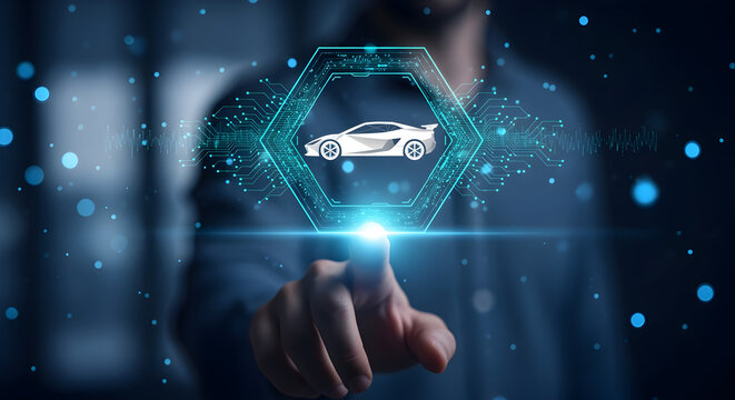 Blurry Man Points to Illuminated Pixelated Racing Car Inside Hexagon with Dark Backdrop in a Futuristic Setting