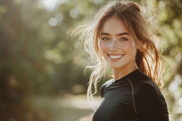 Smiling young beautiful woman dressed in black sportswear jogs in the park on a sunny day, enjoying her fitness routine and the outdoors, Generative AI