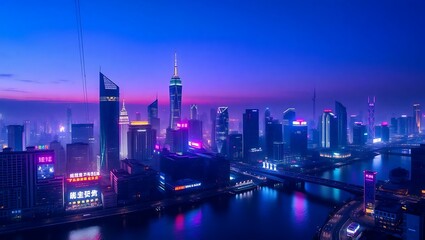 neon-lit futuristic cityscape at twilight