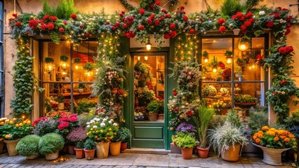 Fototapeta premium Charming Flower Shop Entrance Decorated with Festive Flowers and Greenery for the Holidays