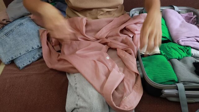 A person shows how to properly pack clothing for a trip, emphasizing folding methods, using space efficiently, and organizing outfits. Important packing tips enhance travel