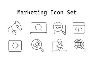 Marketing Icon Set Depicting Common Business Concepts Related to Advertising and Online Presence Optimization, a Visual Aid for Presentations