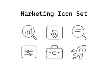 Clean Line Art Marketing Icon Set Depicting Analytics, Settings, Research, Filters, Briefcase and Startup Rocket on White