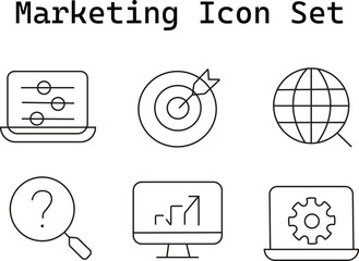 Marketing Icon Set Depicting Analytics, Target, Globe, Question, Growth, and Settings, Suitable for Business or Marketing Materials