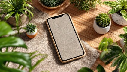 Smartphone surrounded by potted plants on a wooden surface (1)
