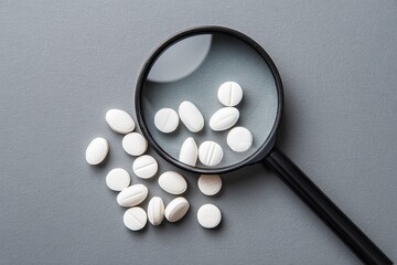 White pills magnified by a magnifying glass