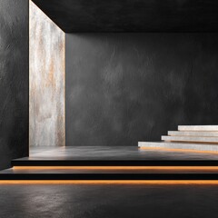 Dark, modern interior with concrete steps and accent lighting