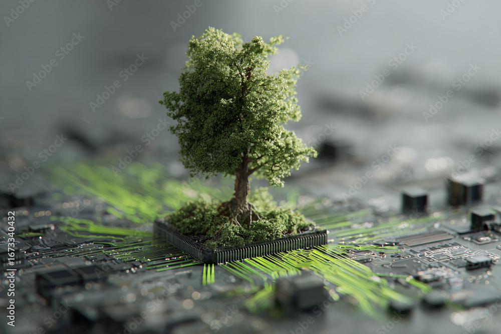 Poster Green tree growing from a computer chip circuit board symbolizing technology and nature merging