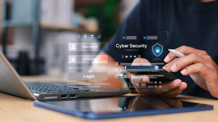 Cyber security concept with digital login interface, username and password form, and secure shield icon on futuristic screen. Data protection and online privacy technology.