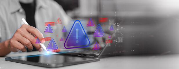 Cyber security alert with warning icons, system error notification, and data breach risk. Futuristic interface shows threat detection and online safety technology concept.