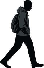 Vector art of silhouette of a young man wearing a hoodie and backpack walking