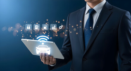 Businessman Holding Tablet with White Car Icon Surrounded by Floating Icons in Dark Blue Suit