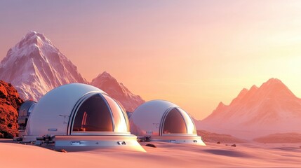 Astronauts exploring red planet with rovers and domed structures.