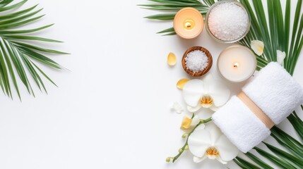 A serene spa setup featuring orchids, candles, and bath salts for a relaxing experience.