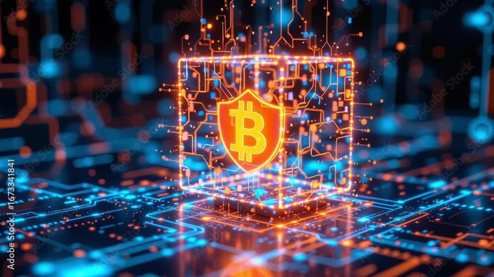 Poster bitcoin symbol digital shield glowing circuit cyber security blockchain futuristic technology financ