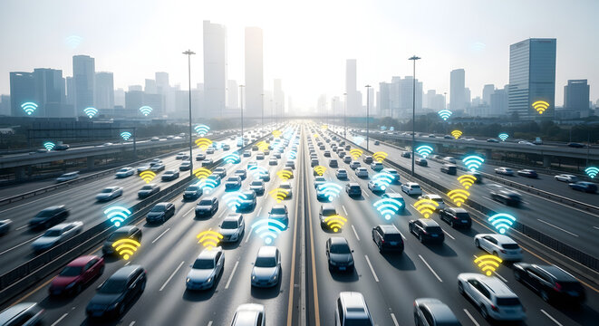 Busy Highway with Dense Car Traffic and Digital Wifi Overlay in a Modern Cityscape Under Bright Light