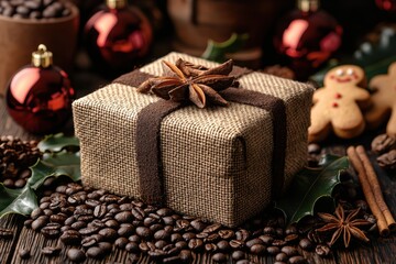 A Beautiful Festive Gift Wrapped in Natural Fabric, with Coffee and Holiday Decorations