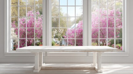 White wooden table in front of blooming pink trees daytime