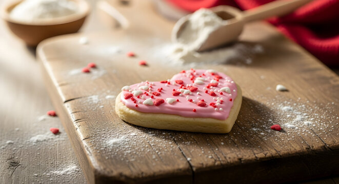 Heart-shaped cookie delight with pink frosting and sprinkles on rustic wood, perfect for Valentine's Day promotions or sweet treat ads, love's tasty reward