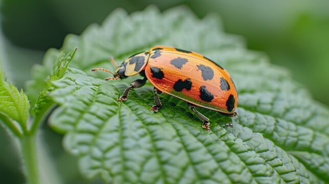 Close Up of Asian Lady Beetle Walking on a Green Leaf in Nature with Orange Color and Black Spots