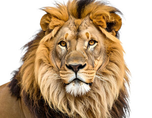 Fototapeta premium Majestic male lion portrait, intense gaze, golden mane, isolated background.