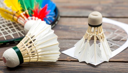 Badminton equipment on wooden table