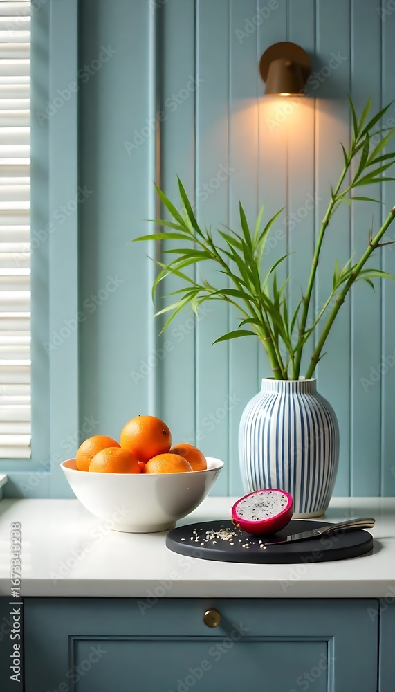 Poster generative ai image of a modern kitchen scene with oranges and greenery.