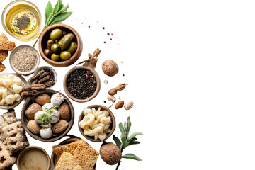 Assorted culinary ingredients arranged on black background