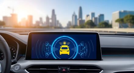 Car Dashboard Display Showing Vehicle Icon with a Blurry City Skyline Background on a Bright Sunny Day