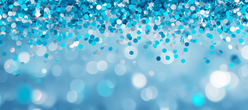 Konfetti in t&uuml;rkis mit Bokeh Lichtern und Textfreiraum f&uuml;r Werbung 