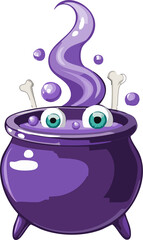 A bubbling purple witch's cauldron with magical potion and spooky steam, with eyeballs and bones floating inside, detailed cartoon style, vector illustration, isolated on a white background.