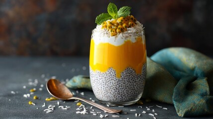 Chia pudding parfait layered with mango puree and coconut, topped with fresh passion fruit and mint, representing a healthy, tropical, and vibrant dessert or breakfast