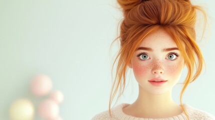 Fototapeta premium Freckled redhead woman gazes intensely, highlighting natural beauty in a cozy sweater.