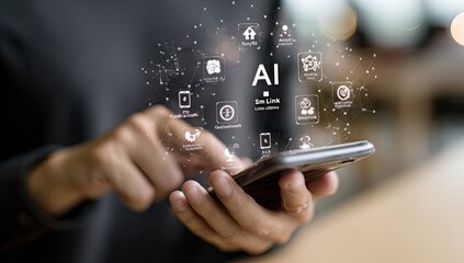 Hands hold phone with AI icons overlay