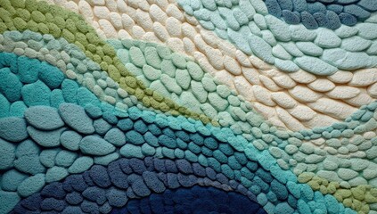 Abstract textured rug or wall art.  Close-up view of  a design resembling  flowing water or a  landscape.  Softly colored  rounded  shapes create  a  pattern of  shades of  blue,  cream, and  green