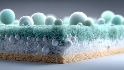 Close-up view of a multi-layered material.  Light teal/mint colored textured surface with clusters of pale, translucent spheres.  Lower layers of lighter color, 
