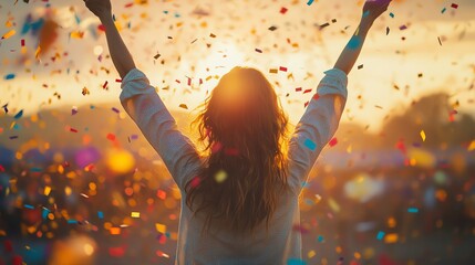 Celebration at sunset with confetti and joy