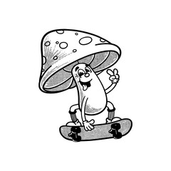 Groovy mushroom character in retro cartoon. Mascot, vector, icon, colection, sticker, vintage, illustration, set, funny, logo, comic, vintage, line art, logo, vegetable, veggies, coloring book