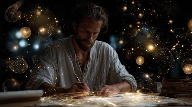 A fantasy scholar drawing a glowing astrological chart on floating parchment, surrounded by ethereal constellations and magical orbs in a golden cosmic ambiance