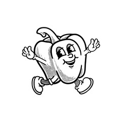 Groovy paprika character in retro cartoon. Mascot, vector, icon, colection, sticker, vintage, illustration, set, funny, logo, comic, vintage, line art, logo, vegetable, veggies, coloring book