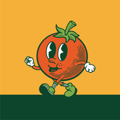 Groovy tomato character in retro cartoon. Mascot, vector, icon, colection, sticker, vintage, illustration, set, funny, logo, comic, vintage, line art, logo, vegetable, veggies