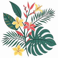 Obraz premium Vibrant tropical floral arrangement with green leaves and colorful flowers