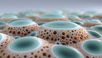 Abstract, 3D cellular structure, tan and teal.  Close-up of organic,  honeycomb-like forms