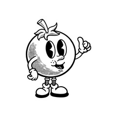 Groovy tomato character in retro cartoon. Mascot, vector, icon, colection, sticker, vintage, illustration, set, funny, logo, comic, vintage, line art, logo, vegetable, veggies, coloring book