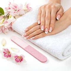 Fototapeta premium A Perfect French Manicure on a Woman's Hands Resting on a Fluffy White Towel with Pink Flowers and Nail File in a Spa Setting