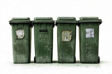 Four Grimy Green Waste Bins stand out against a stark White Background, emphasizing them