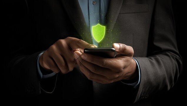 Businessman using phone, security shield overlay - Powered by Adobe